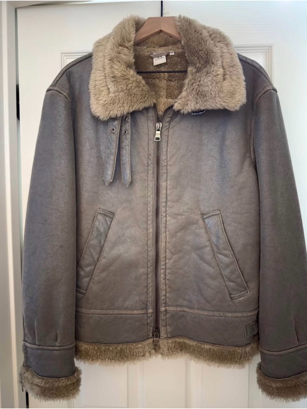 Armani Exchange Taupe Suede-Look Shearling Bomber Jacket